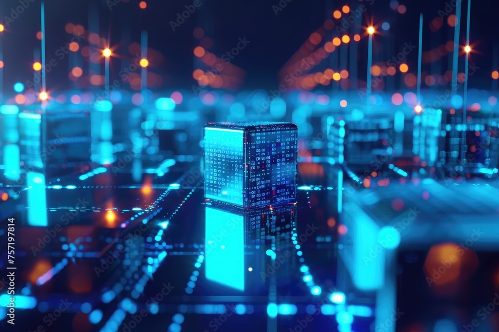 Poster a bustling metropolis of the future adorned with an array of luminous blue lights, creating a captiv