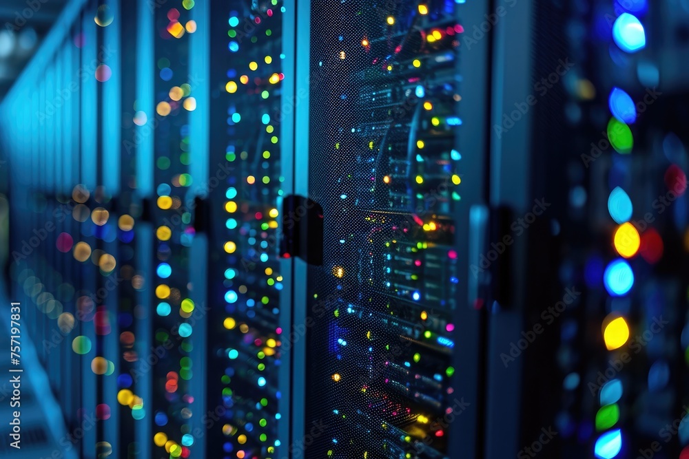 Poster an organized row of computer servers in a data center, with blinking lights indicating activity and 