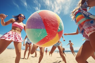 Friends having fun playing beach volleyball with colorful beach balls and umbrellas