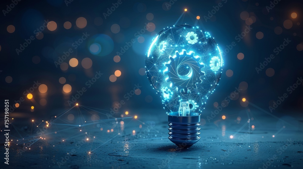 Aufkleber Abstract blue glowing light bulb with gears inside. AI and machine learning concept. Abstract geometric background. Wireframe light connection structure. Modern 3D graphic Vector.