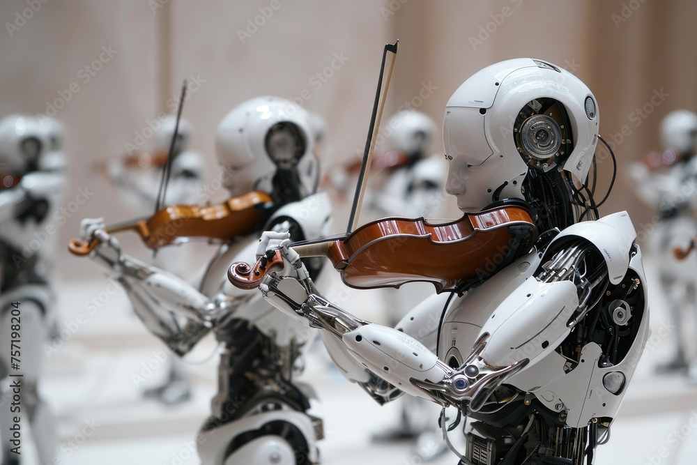 Poster a collection of robotic figures engaging in musical play as they interact with a violin, robots play