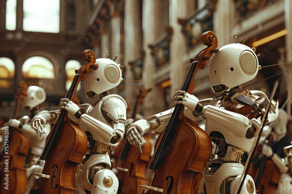 Aufkleber a group of robots playing various musical instruments in a building, creating a unique and playful a
