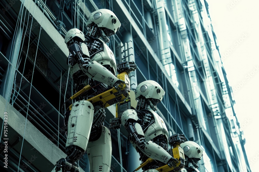 Poster a group of robots stand in formation in front of a towering building, showcasing their futuristic pr