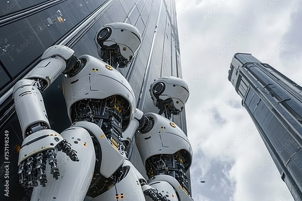 Poster a photo capturing a group of robots standing in front of a towering tall building in an urban settin