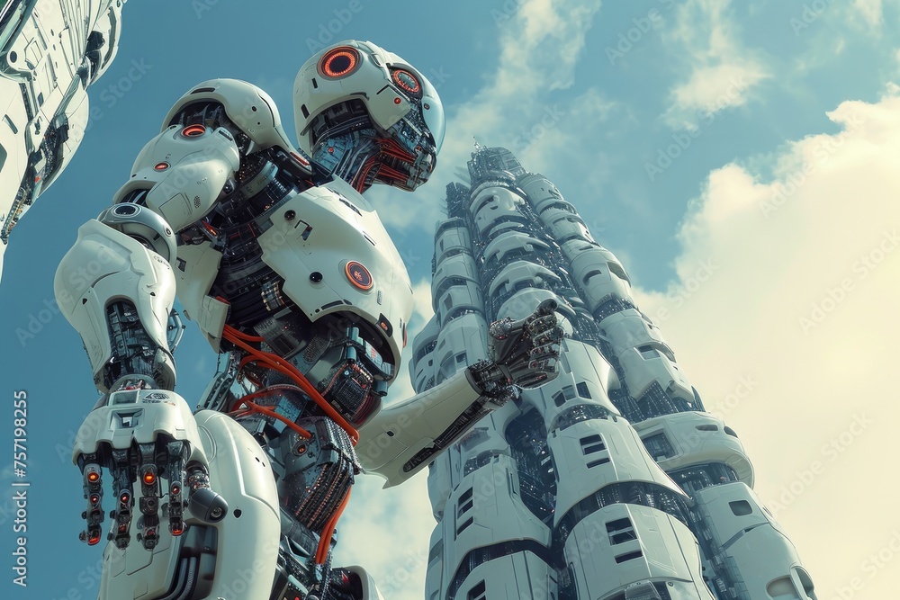 Poster a robot stands tall next to a towering building, showcasing the fusion of technology and architectur