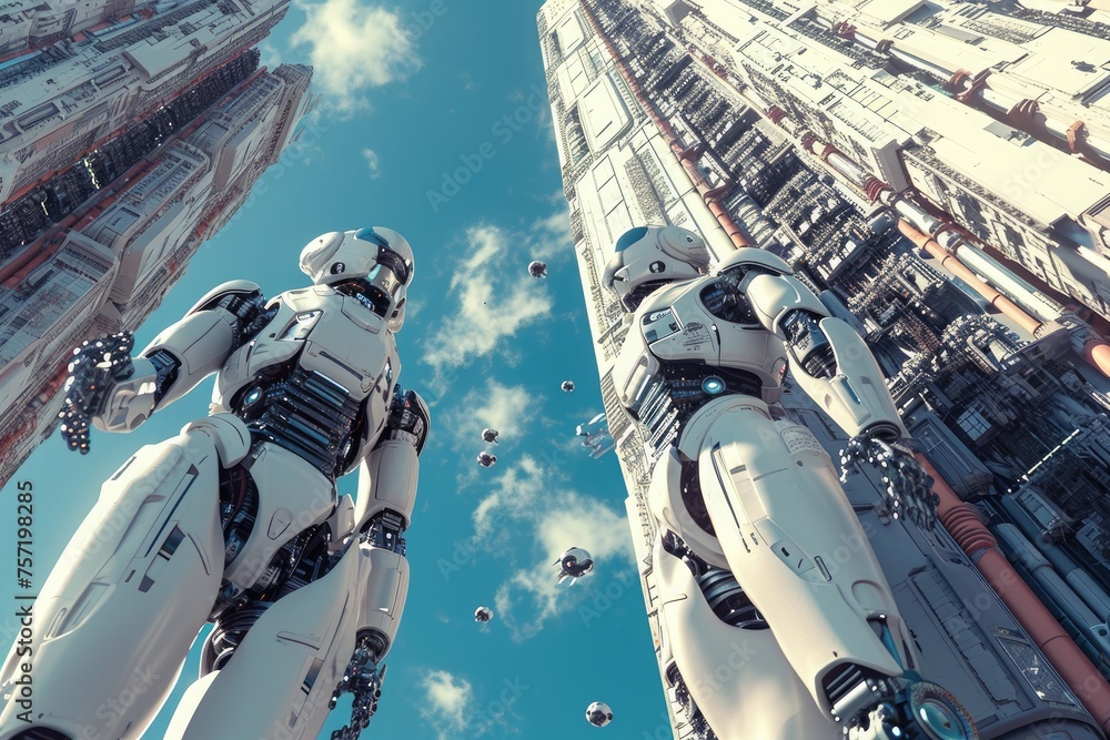 Poster a photo capturing two white robots standing side by side in a simple pose, robots working together t
