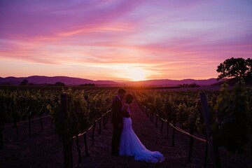 Bride and Groom Standing in a Vineyard at Sunset, Romantic vineyard wedding with rows of grapevines...