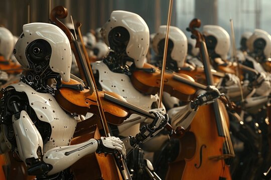 A photo capturing a group of individuals wearing robot suits, showcasing their creativity and love for technology, Robots playing musical instruments in a symphony, AI Generated