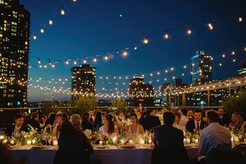 A diverse group of individuals gathered around a dinner table, engaged in conversation and enjoying a meal together, Rooftop wedding with twinkling city lights under a clear night sky, AI Generated