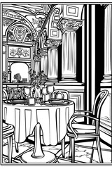 An elegant and detailed line drawing of an interior view of a cafe with classic architectural features