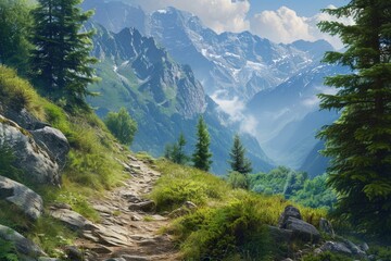Fototapeta na wymiar This photo depicts a painting of a path in the mountains, showcasing a winding trail amidst rugged peaks and lush vegetation, Rugged mountain path leading to a hidden valley, AI Generated