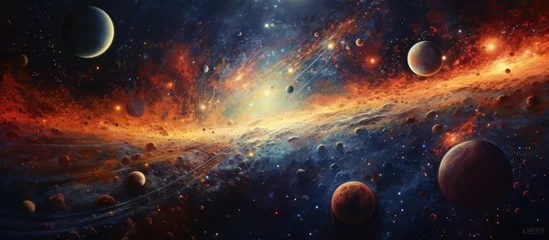 Fototapeten An astronomical painting of a galaxy in outer space, showcasing planets, stars, and nebulae. The artwork beautifully captures the otherworldly landscape and atmosphere of the cosmos © AkuAku