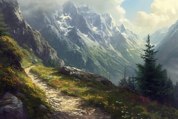 Fototapeta na wymiar A realistic painting depicting a mountainous landscape, featuring a path that leads towards a dense forest, Rugged mountain path leading to a hidden valley, AI Generated