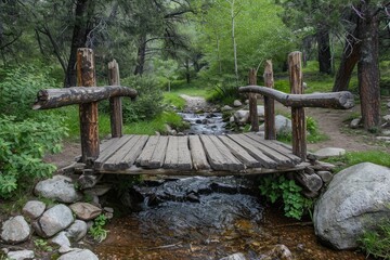 A wooden bridge spans over a flowing stream, surrounded by lush trees in a serene forest setting, Rustic wooden bridge crossing a babbling brook, AI Generated
