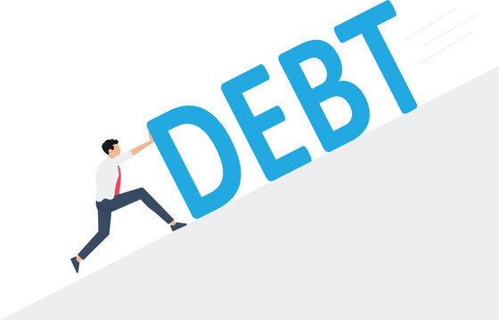 Businessman pushing against huge text spelled debt on slope. Conceptual vector illustration for metaphor financial obligations

