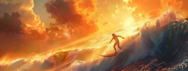 Surfer on the ocean wave at sunset.