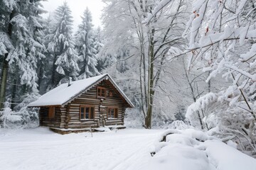 A log cabin surrounded by snow-covered trees stands in the heart of a wintry forest, Secluded log cabin in a snow-laden winter forest, AI Generated
