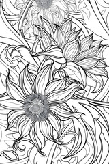 Monochromatic line art featuring intricate flower patterns with detailed petals and leaves