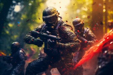 People having a paintball battle in the woods - obrazy, fototapety, plakaty
