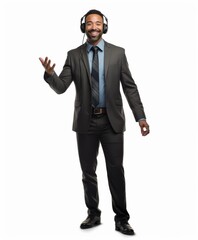 Obraz premium Businessman in Suit and Tie Wearing Headphones