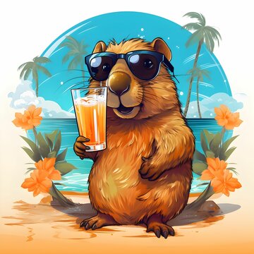 Cool funny summer animal. Copybara on the beach with cocktails. Vacation with animals. Summer vibe. Summer T-shirt print