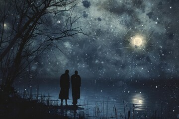 Fototapeta premium Two individuals standing together, looking up at the star-filled night sky, Shadowy figures standing near a gloomy lake under a starlit Halloween sky, AI Generated
