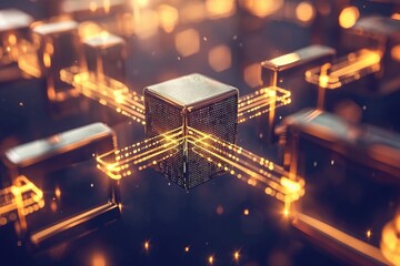 A photo capturing a gold cube placed in the center, encircled by a collection of gold bars, Shiny blocks interlinked together forming a chain, capturing the essence of blockchain, AI Generated