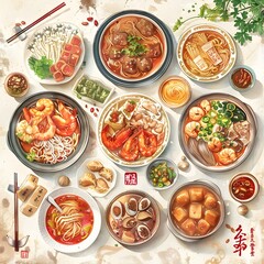 Fototapeta na wymiar Celebrating Chinese Culinary Diversity An Exquisite Watercolor Illustration of Traditional Dishes and Ingredients