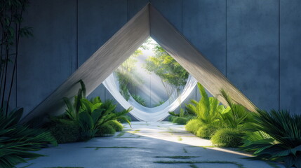 Diamond shape tunnel with vegetation filling it up,rounded shapes, realistic depiction of light, sustainable architecture