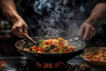 Chef Unleashing Inner Art of Chinese Cooking with Sauting Vegetables and Chicken in a Wok