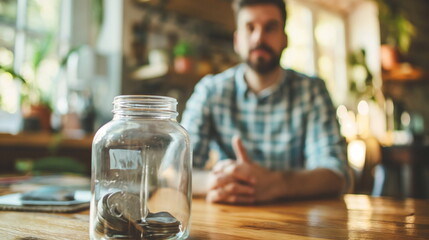 Man sitting at table in front of jar of coins money. Last money from piggy bank, financial crisis,...