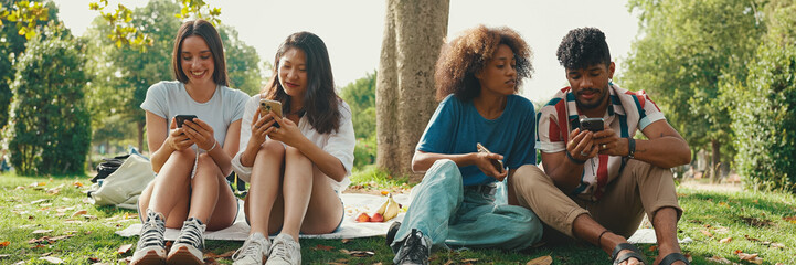 Happy, smiling multiethnic young people at picnic on summer day outdoors, Panorama. Group of friends talking, using cellphone while relaxing in the park at picnic