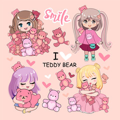 Cute set with cartoon little girls  in anime style with funny teddy bear toys. Kawaii style. Vector illustration t-shirt print. Funny Chibi little girl