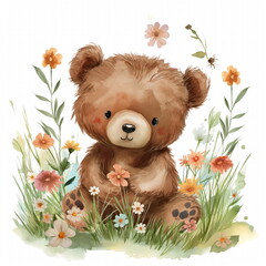 Cute bear in grass, pastel, flowers, watercolor illustration