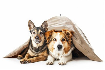 Two cute dogs sit under an utent on a white background. Pet insurance, care for pets, veterinary clinic, emergency animal assistance. Concept of health and life protection for dogs.