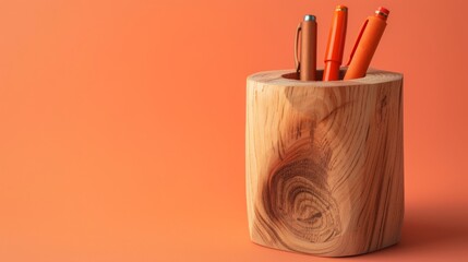 A wooden cup filled with colorful pencils, each sticking out at different angles - obrazy, fototapety, plakaty
