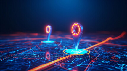 Futuristic blue digital map pinpointing a location with a glowing blue navigation pin, symbolizing...