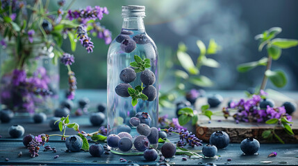 A serene setup of infused water with blueberries and lavender flowers, conveying a sense of purity...