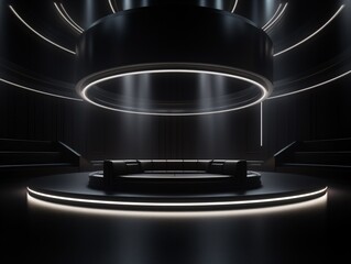 a black room with a round platform and a round ceiling with white lights
