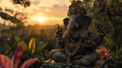 Serene statue of Ganesha amidst lush greenery, symbolizing peace and spirituality - obrazy, fototapety, plakaty