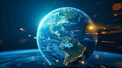 Global Earth Technology Concept, Networking Globe with Blue Space Background, Worldwide Science Illustration