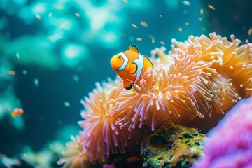 Naklejka na ściany i meble Clownfish and anemone in coral reef