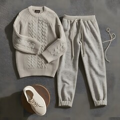 laid-back luxury with a cozy knit sweater paired with tailored joggers, capturing relaxed sophistication perfect for leisurely weekends