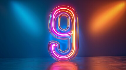 3d rendering. Neon number nine. Glowing colorful line inside the glass symbol 9 shape. Top char