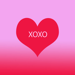 Simple single red heart on pink and red background symbolising love, XOXO in text on the heart