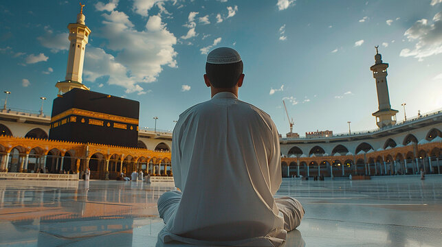 muslim praying in front of khaana kaaba, eid, hajj , pilgrim praying, eid greeting 