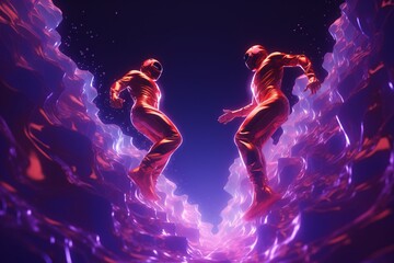 a couple of people in shiny red suits - Powered by Adobe