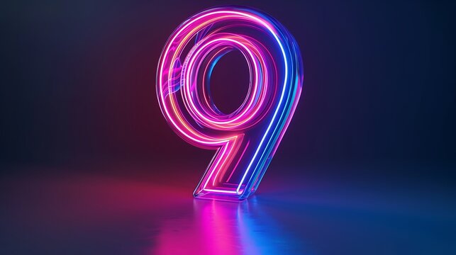 3d rendering. Neon number nine. Glowing colorful line inside the glass symbol 9 shape. Top char