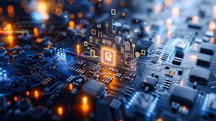 Secure Digital Network Computing, Cyber Protection Technology, Blue Abstract Background with Lock Symbol