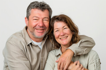 Portrait of a cute couple, an adult man and an adult woman, hugging on a white background. Happy relationships, adult relationships, love between a man and a woman